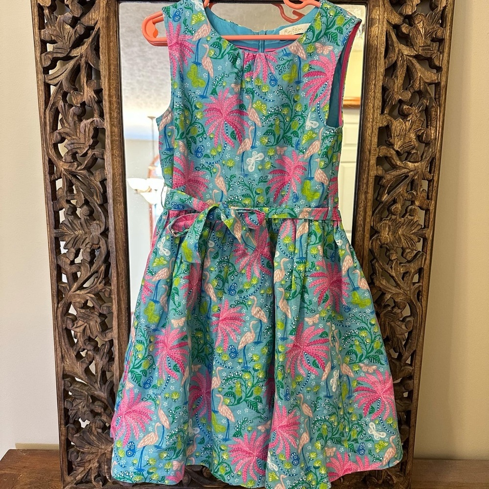 Mini Boden 7/8 Flamingo Linen Cotton Dress Tropical Blue And Pink Dress
